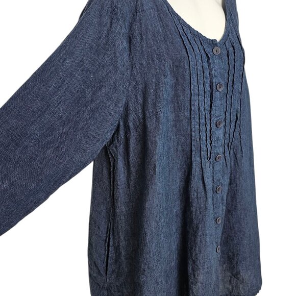 FLAX Womens Button Front 100% Linen Blouse, Tunic, Scoop Neck, Lagenlook, M - Picture 3 of 8